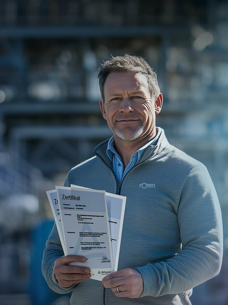 Rotan-Mitarbeiter präsentiert Zertifizierungen vor industrieller Anlage