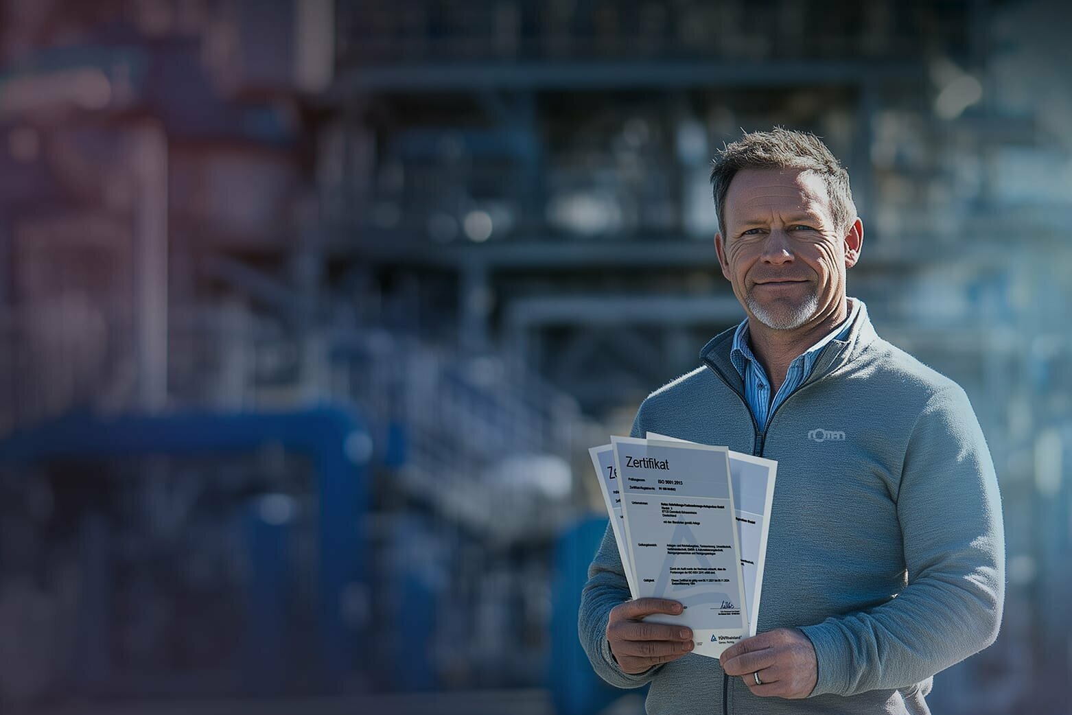 Rotan-Mitarbeiter präsentiert Zertifizierungen vor industrieller Anlage