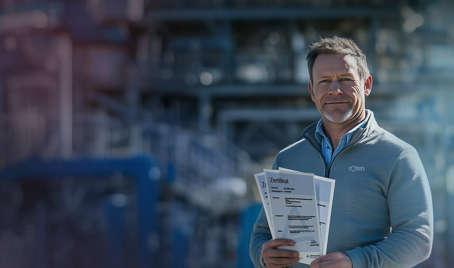 Rotan-Mitarbeiter präsentiert Zertifizierungen vor industrieller Anlage
