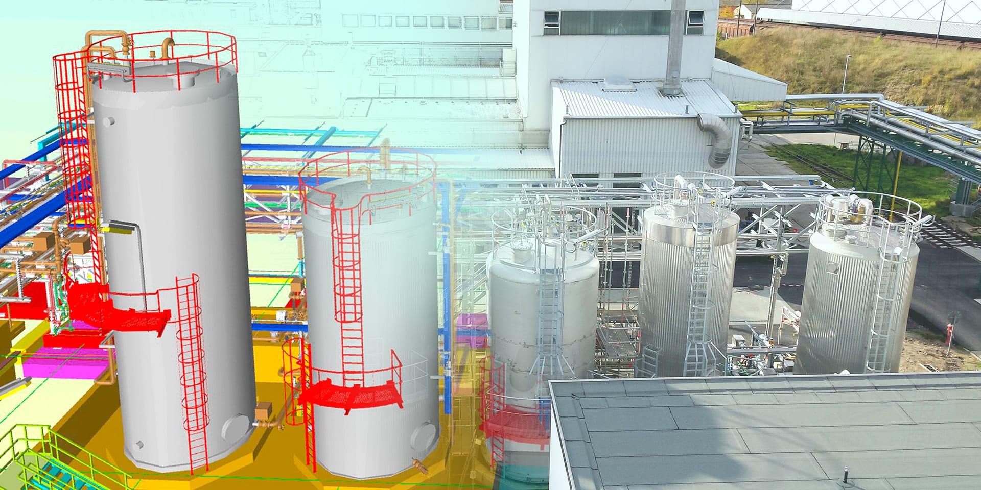 Kombination aus 3D-Modell und realem Bild eines Tanklagers – Rotan Visualisierung und Umsetzung innovativer Anlagentechnik
