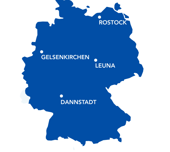 Deutschlandkarte mit Standorten: Rostock, Gelsenkirchen, Leuna und Dannstadt